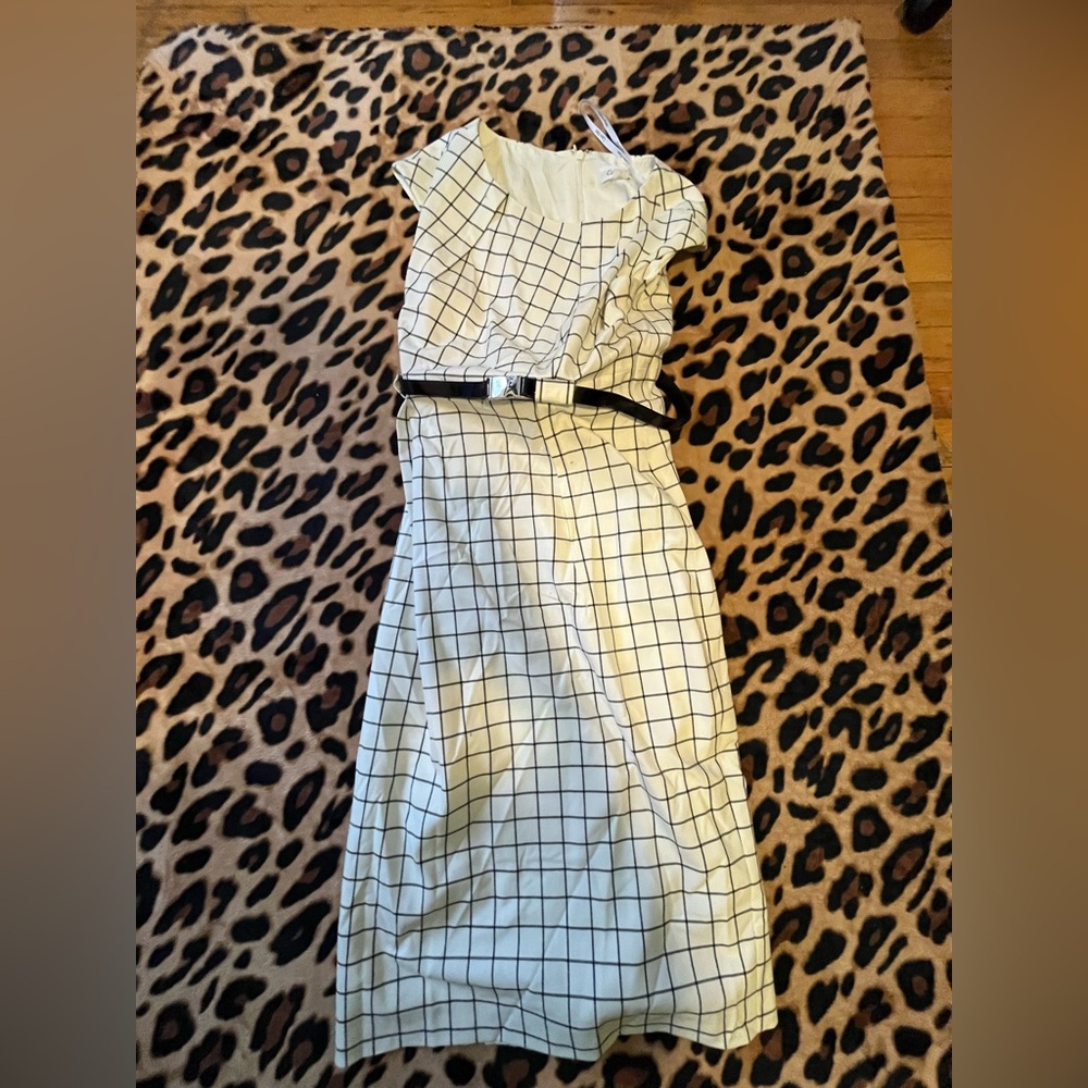 Calvin Klein Black and White Windowpane Belted Midi Sheath Dress Size 2